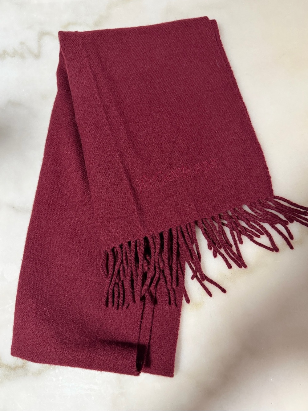 Yves Saint Laurent Burgundy Wool Fringe Scarf